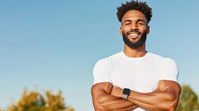 Modern Wellness Tech Fit Biracial Man with Fitness Tracker on Forest Trail - Innovative Health Solutions for Digital Wellness and Active Lifestyle