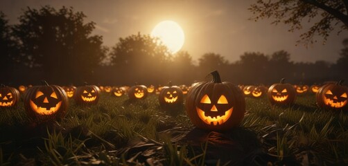 Glowing jack o lanterns scattered across a field, jack o lanterns, glowing