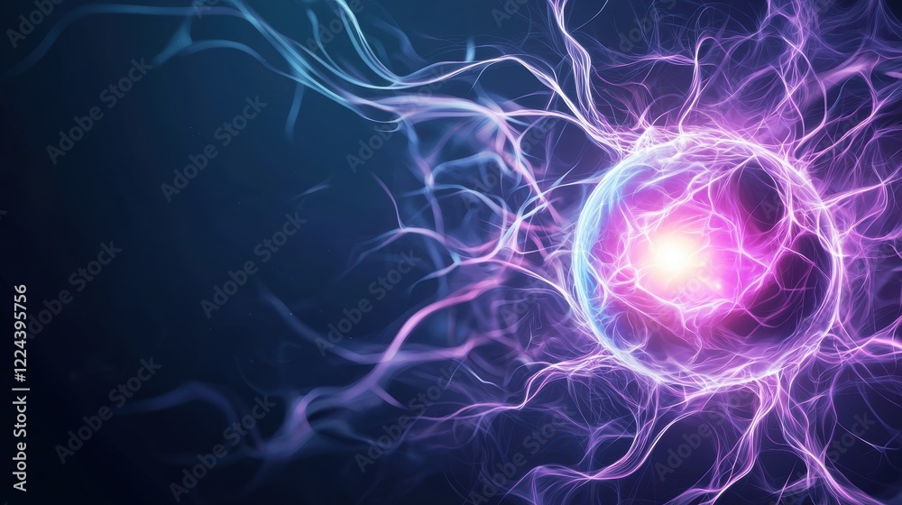 Wall mural particle energy field and plasma abstract background with glowing plasma particles and light streaks