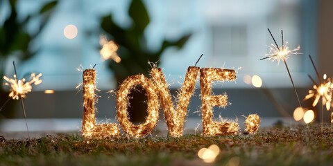 Obraz premium Glowing Sparkler Art with the Word Love Surrounded by Soft Bokeh Lights in a Cozy Indoor Setting