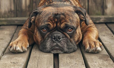Fototapeta premium Sad dog lying on wooden deck with wooden fence background, pet portrait