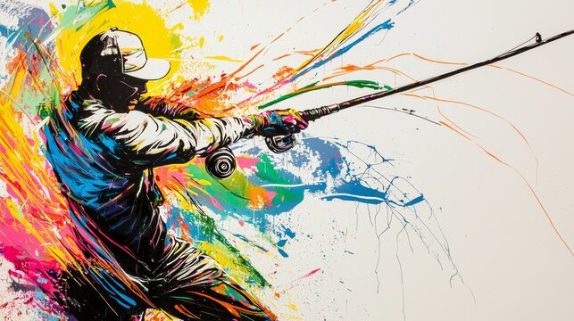 Colorful representation of a person fishing with a rod in a vibrant outdoor setting during daylight
