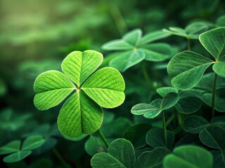 Lush Green Shamrock Leaves in Natural Lighting on a Vibrant Green Background