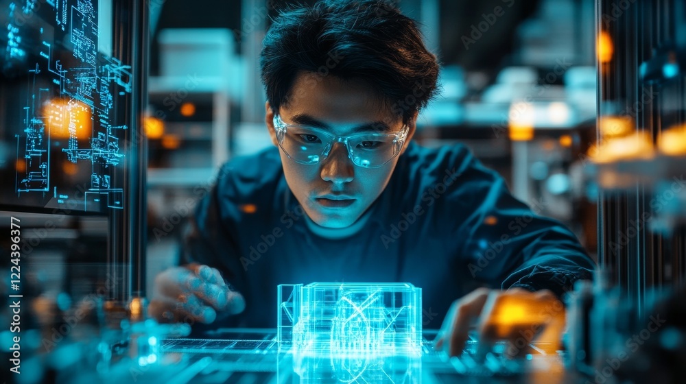 Poster futuristic tech lab aesthetic young east asian engineer (25) calibrating printer - ai-driven manufac
