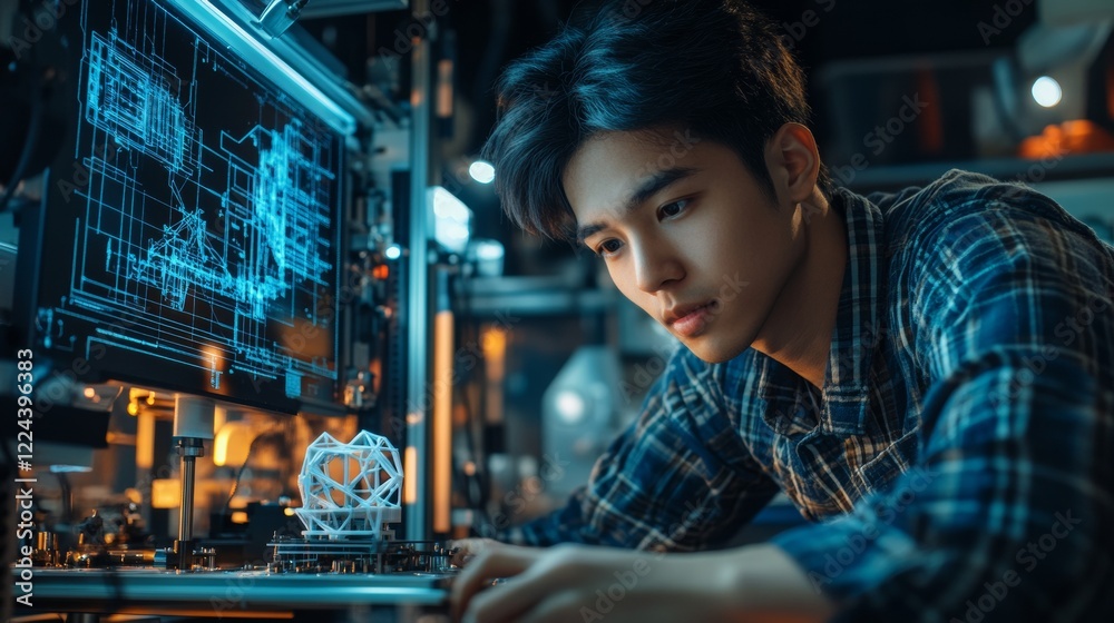 Poster neon-futuristic engineering young east asian engineer calibrating printer in high-tech lab with digi