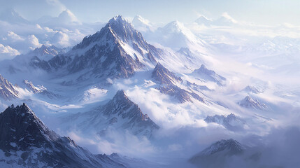 Obraz premium Majestic mountain range under soft sunlight with clouds, evoking a serene and tranquil atmosphere