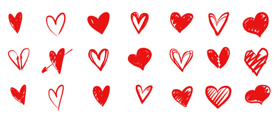 Red heart doodle hand drawn scribble Valentine's Day romantic love collection. Simple pen marker vector art 