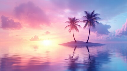 Colorful Tropical and Exotic Location Sunset over a tropical island with palm trees and colorful sky, creating a romantic and serene atmosphere