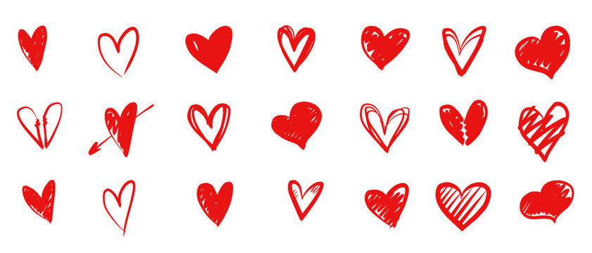 Naklejki Red heart doodle hand drawn scribble Valentine's Day romantic love collection. Simple pen marker vector art 