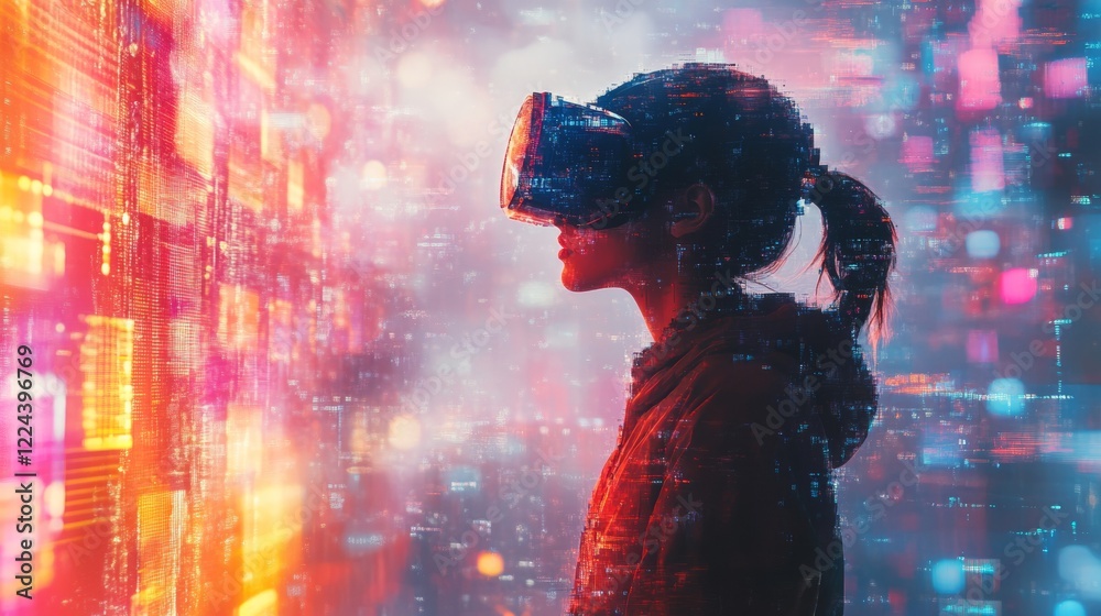 Poster Futuristic Glitch Art Immersive VR Experience in Abstract Pixel Overlays Tech Innovation and Creative Digital Marketing for Entertainment and Gaming Industries