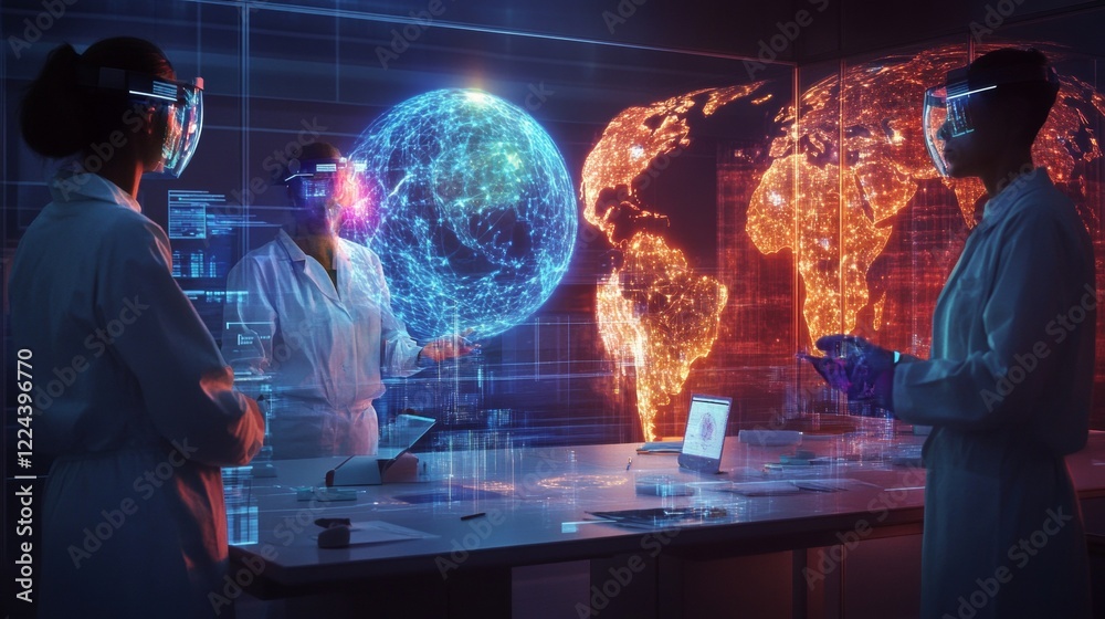 Poster Holographic Connectivity in Virtual Labs Scientists in Digital Workspace with Glowing Globe Interfaces - Future Tech for Global Collaboration and Innovation