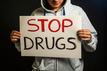 Young Person Holding Stop Drugs Sign with Bold Letters in Dimly Lit Environment