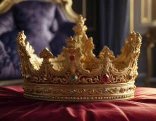 Golden royal crown of great value resting on a plush velvet pillow, monarch, nobility, luxury
