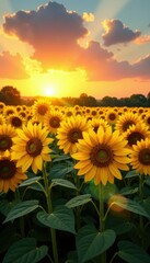 Obraz premium Golden sunflowers stretching towards the sky at sunset, landscape, yellow