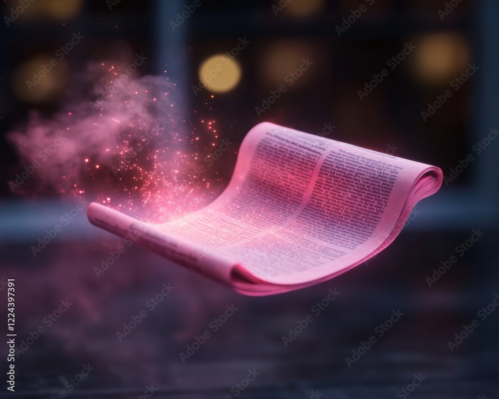 Poster enchanting digital newspaper holographic textures and floating illusions - engaging wizardry content