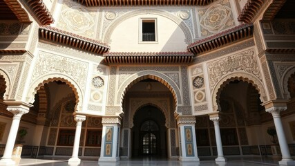 Grand entrance of the Alhambra featuring archways with floral motifs and calligraphy, Architecture, Alhambra, Granada