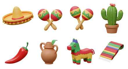 Obraz premium Vibrant 3D Mexican Fiesta Icons Set for Design isolated on white background. Generative AI