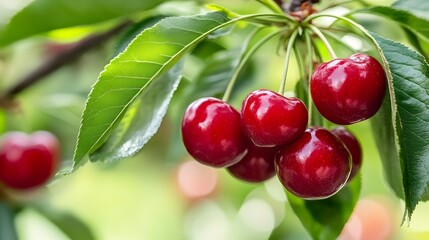 Obraz premium Cherry tree with a bunch of growing mature Cherry