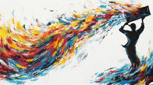 Artistic expression flows from a figure holding a colorful canvas in a vibrant swirl of colors