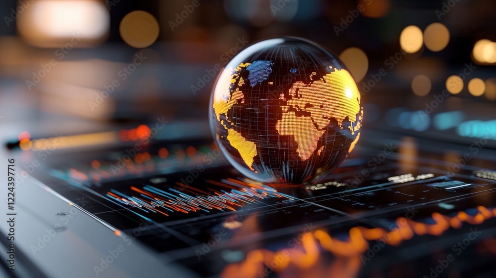 Poster 3d model of globe on digital data interface with graphs and financial indicators for global business