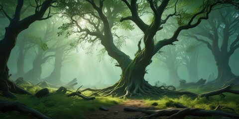 Green haze enveloping a mysterious forest with twisted tree branches , natural world, lush