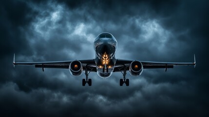 Dark stormy skies overhead airplane taking off cloudy atmosphere aerial view aviation concept