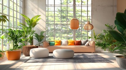Fototapeta premium bright open space office featuring a relaxation zone with comfortable sofas and an array of indoor plants, creating a peaceful retreat for employees
