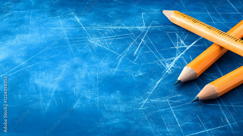Poster two yellow pencils rest on a blue surface, showcasing a clean, minimalistic design with subtle scrat