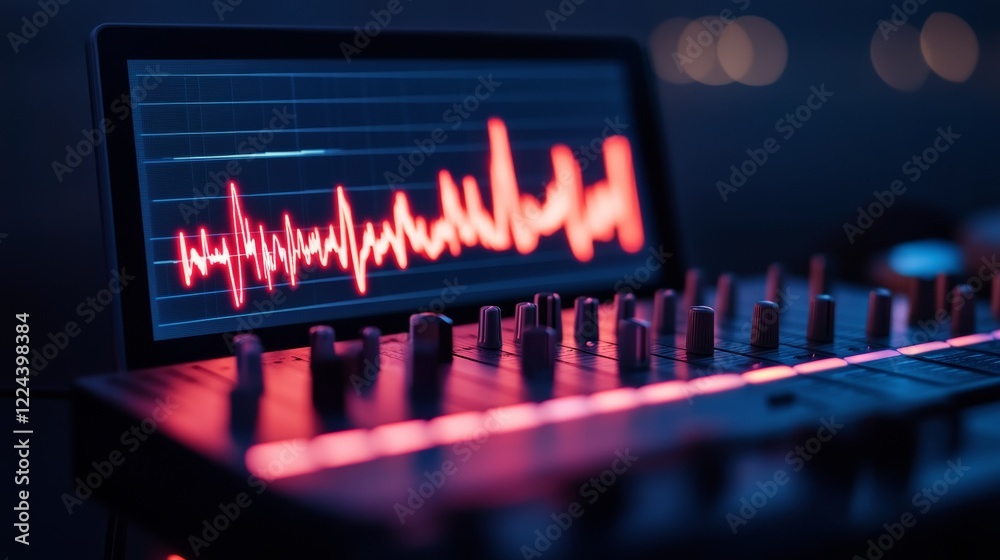 Poster Futuristic Home Studio Design RGB-Lit Mixing Console with Colorful Sound Wave Display - Tech Innovation and Audio Production for Modern Music Creators