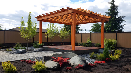 Obraz premium A beautifully landscaped garden featuring a wooden pergola, surrounded by vibrant plants, stones, and a manicured pathway