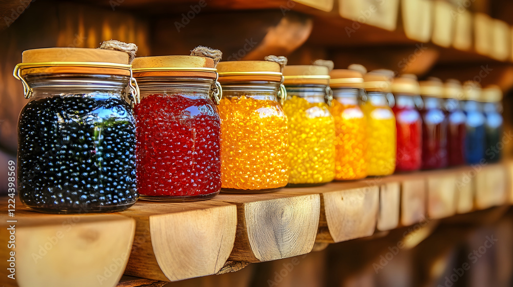 Poster colorful jars filled with vibrant beads line a wooden shelf, creating a visually appealing display o