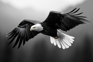 Obraz premium Majestic bald eagle soaring through a blurred monochrome sky