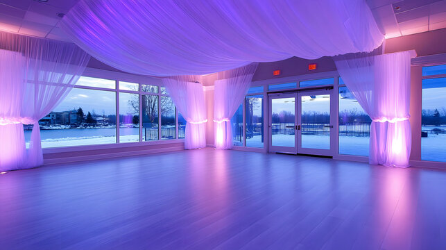 A spacious event venue illuminated with purple lighting, featuring large windows and elegant drapery, perfect for celebrations and gatherings