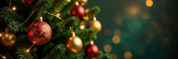 Obraz premium A festive Christmas tree with gold ornaments and lights, festive, twinkling