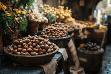 Chestnuts for sale in the market on a rustic wooden table with a scale and a burlap sack. Warm colors and ambient light create an inviting scene.