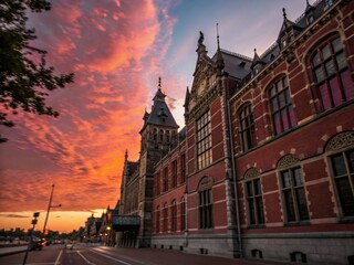 Fototapeta premium Amsterdam Royal Tropical Institute Facade Silhouette - Architectural Detail at Sunset