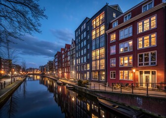 Naklejka premium Amsterdam Houthaven Night: Modern Residential Facades, Illuminated Buildings, Canal Reflections, Netherlands