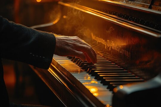 Elegant Hands Playing Grand Piano Close Up in Chiaroscuro Lighting