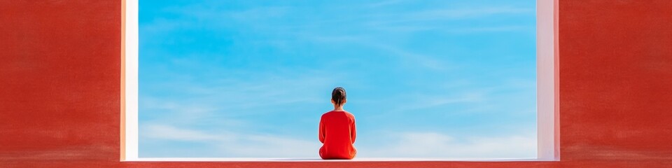 Obraz premium Contemporary Serenity Imagery Red-Clad Woman Meditating in Architectural Frame Against Blue Sky - Mindfulness Content for Wellness and Cultural Marketing