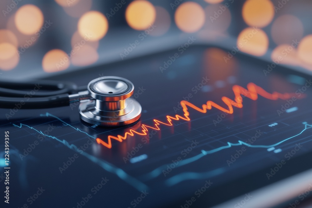 Aufkleber contemporary healthcare tech metallic stethoscope and digital ecg on tablet - enhancing medical prec