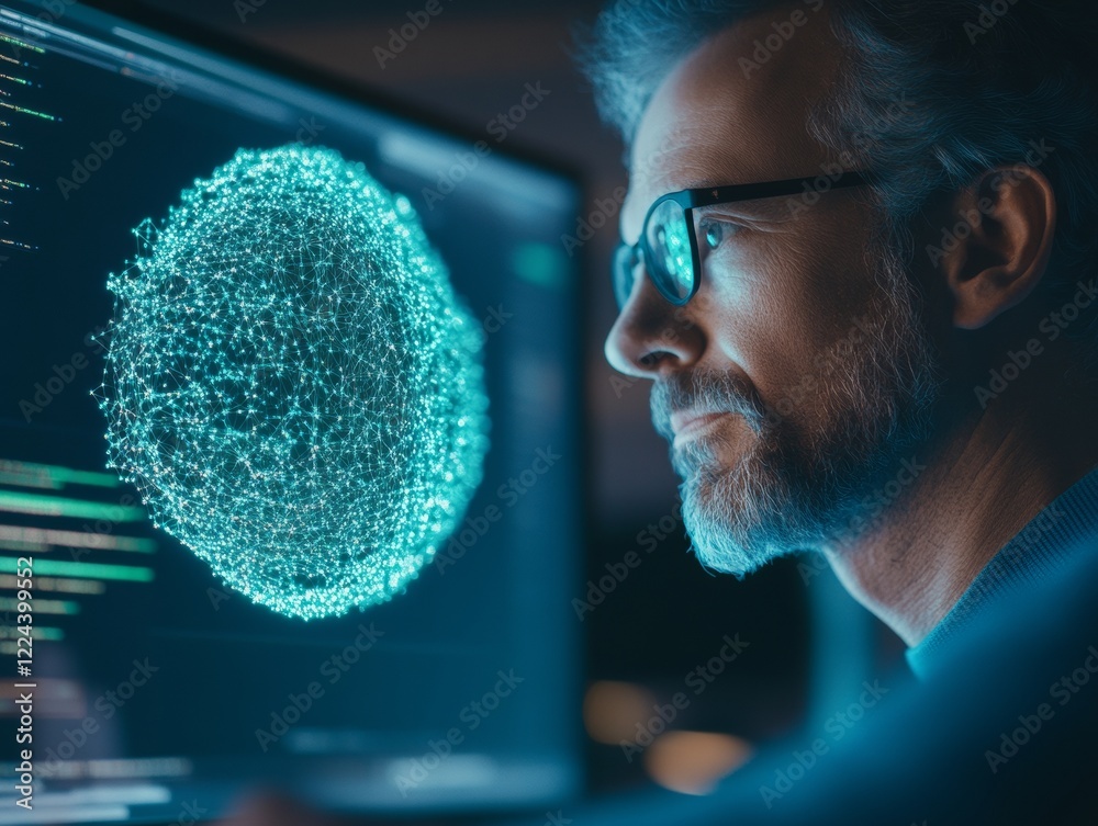 Poster Futuristic Cybersecurity Analysis IT Professional Examining Digital Code with Luminescent Lock Overlay - Secure Software Development for Tech Innovation and Business Protection