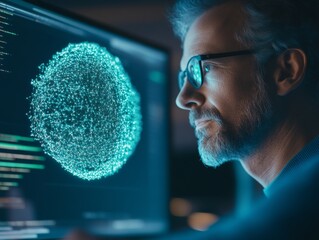 Futuristic Cybersecurity Analysis IT Professional Examining Digital Code with Luminescent Lock Overlay - Secure Software Development for Tech Innovation and Business Protection