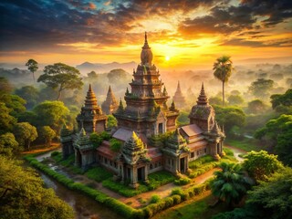 Ancient Cambodian Temple Ruins at Sunrise, Angkor Wat Style