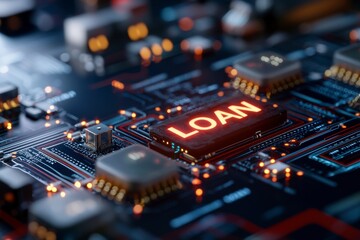 Obraz premium Digital concept of loan on electronic microchip representing finance and technology in the modern era
