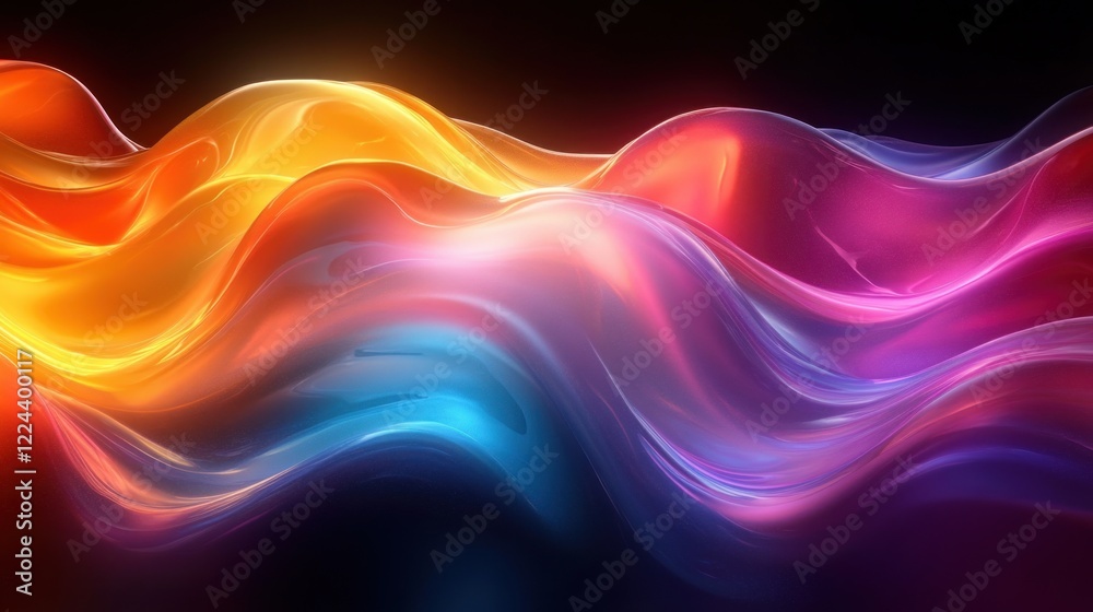 Poster abstract liquid shapes in vibrant rainbow colors with smooth flowing forms and black background