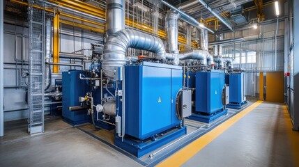 Industrial HVAC system with ducts and pipes crisscrossing a factory ceiling.