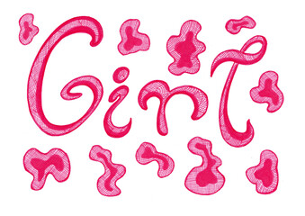 Lettering Girl in pink on a white background. There are pink decorative elements around. The word and decor consist of contours of different thicknesses. Filled with intersecting strokes. Italic font.