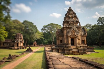 Fototapeta premium Ancient Khmer Temple Prasat Ta Muean Thom, Surin, Thailand: Tilt-Shift Corridor & Tower