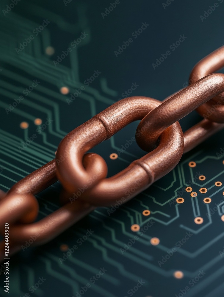 Poster Modern Tech Security Copper Chain Links on Circuit Board - Advanced Data Protection and Encryption Solutions for Cybersecurity Professionals