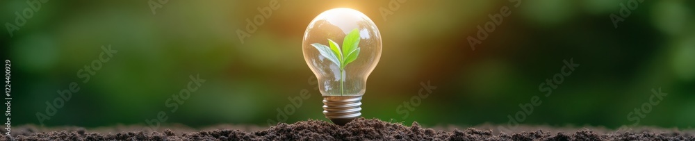 Poster eco-inspired lighting conceptual graph of light bulb in vibrant green setting and rich soil - sustai